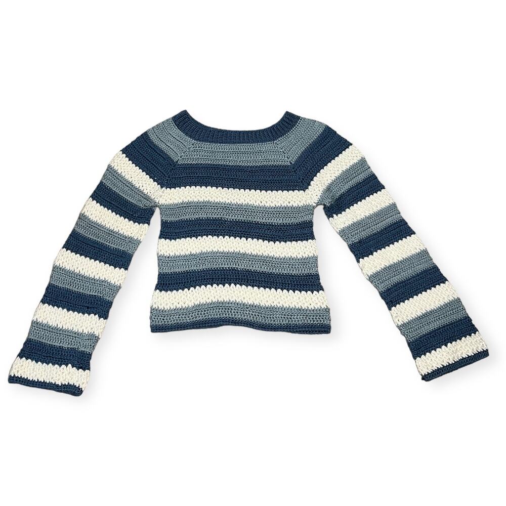 Blue White Crochet Y2K Striped Sweater Flare Sleeve Handmade XS Small Winter